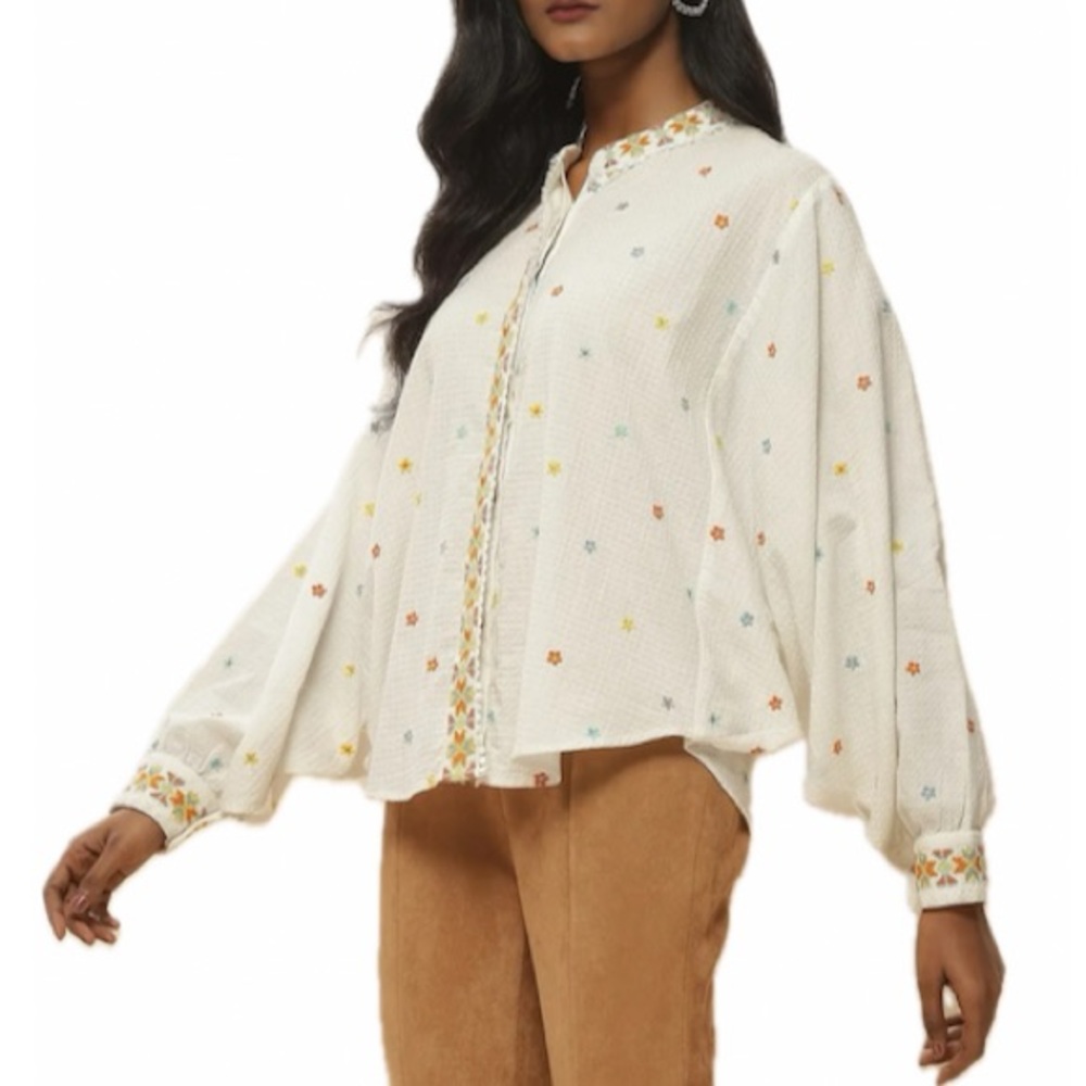 Label Ritu Kumar Off White COTTON Embroidered Shirt Blouse MEDIUM contemporary